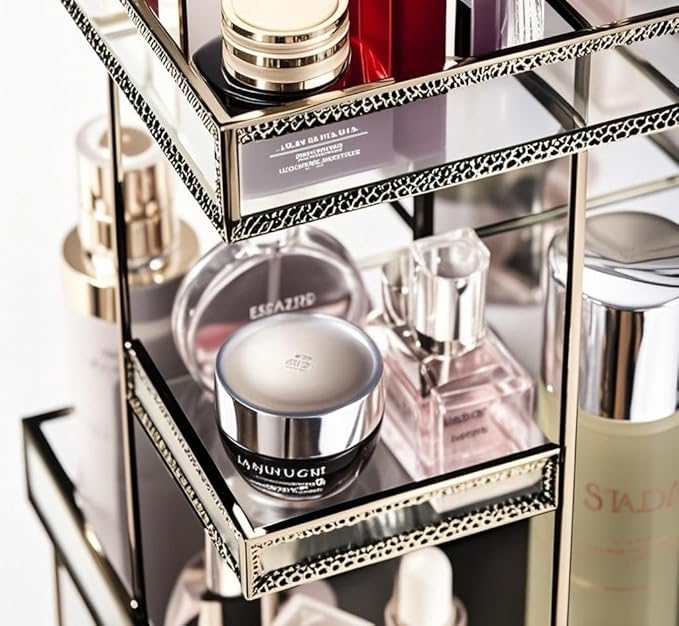 Vintage Glow Antique 360 Degree Rotating Makeup Organizer,4-Tier Spinning Perfume Tray,Countertop Cosmetic Storage,Glass Beauty Display,Retro Large Capacity Vanity Organizer for Brushes Skincare