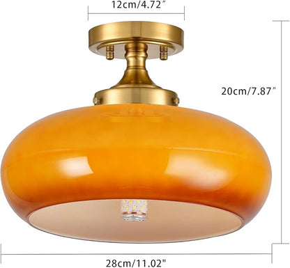 Mid Century Modern Gold Semi Flush Mount Ceiling Light Classic Orange Ceiling Lamp Vintage Glass Kitchen Light Fixture for Hallway Entryway Living Room Bathroom
