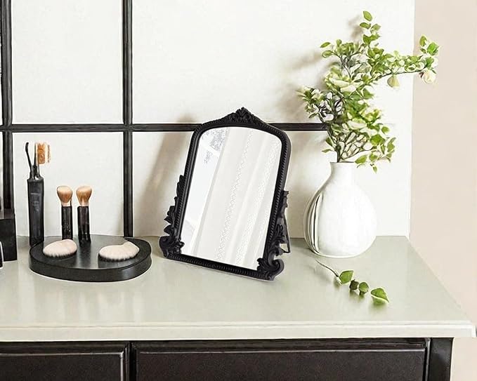 Black Vintage Arched Vanity Mirror, Baroque Tabletop Makeup Mirror, Decorative Antique Mirror for Dresser, Bedroom, Living Room, 11.8" x 9.6"