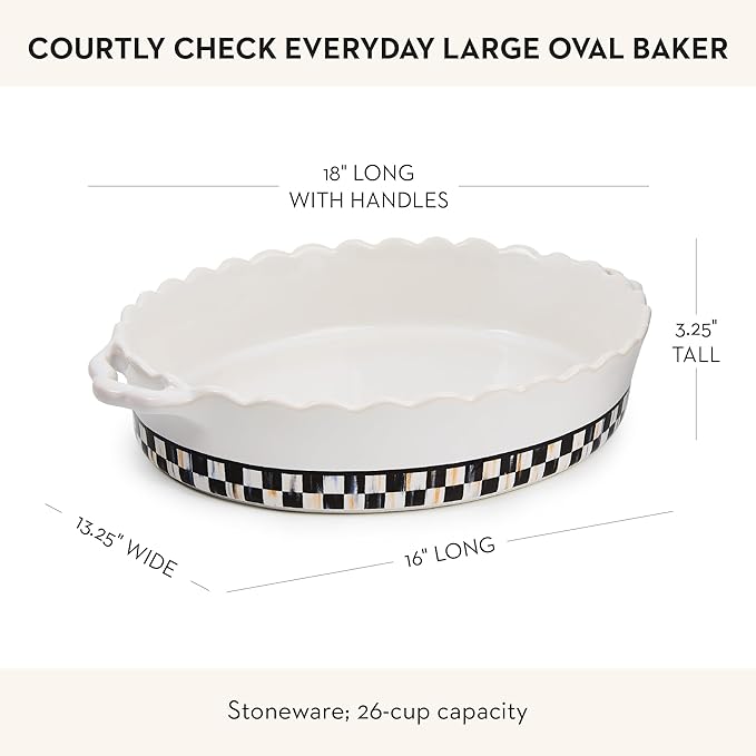 MACKENZIE-CHILDS Everyday Oval Casserole Baker, Cute Oven Baker, Large, Black-and-White Courtly Check
