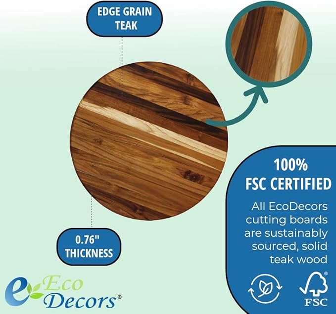 EcoDecors 16" Round Teak Cutting Board, FSC Certified Solid Wood, Edge Grain, XL Carving Board for Kitchen & Brisket