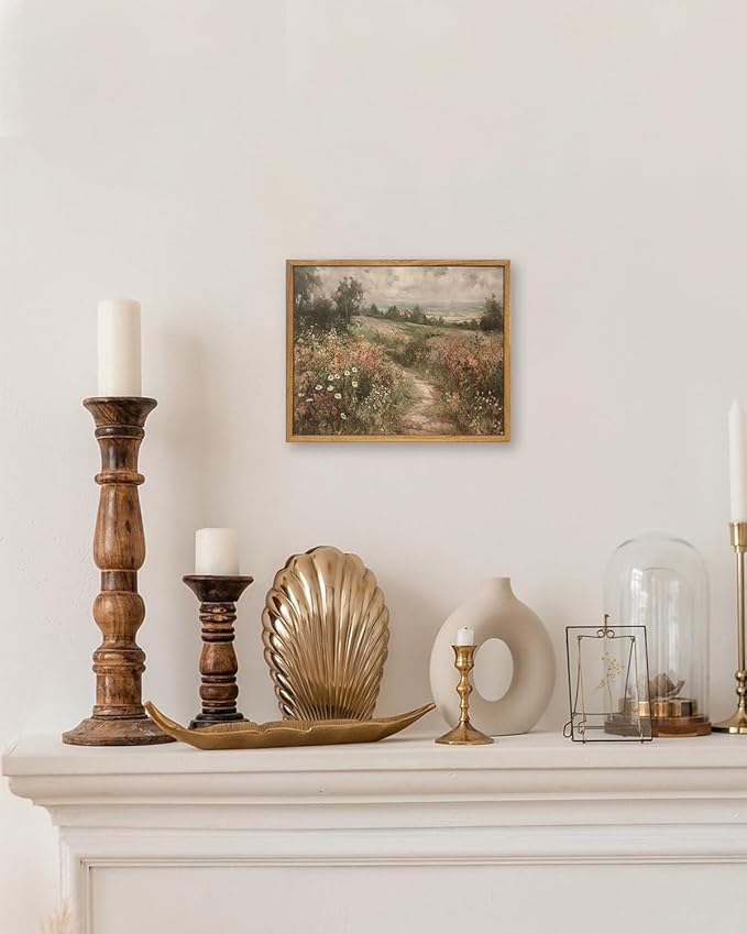 KBKBART Framed Canvas Wall Art for Living Room, Vintage Countryside Wildflower Field Painting Farmhouse Decor, Retro Nature Wilderness Canvas Art Prints for Wall Decor, Rustic Landscape Wall Decor for Bathroom, Bedroom Living Room(8"x10")