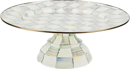 MACKENZIE-CHILDS Enamel Pedestal Platter, Round Cake Stand, Large, Gray-and-White Sterling Check