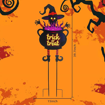 Witch Halloween Decorations Cauldron 39.7 inch with Trick or Treat Sign, Large Halloween Yard Stakes Metal for Garden, Lawn, and Outdoor Spooky Yard Decorations