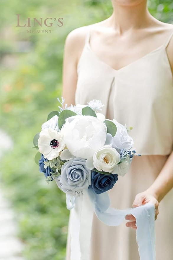 Ling's Moment Artificial Flowers Dusty Blue Bridesmaid Bouquet, Blue & White Wedding Flowers Bouquets for Bridesmaids, 7 Inch Bridal Bouquets for Bridesmaids, Wedding, Ceremony, Anniversary, etc
