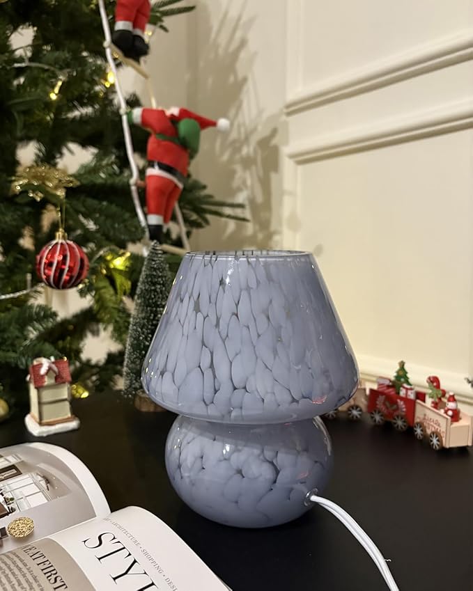 ONEWISH Mushroom Lamp Small Table Lamp-Nightstand Nightlight Dimmable Stepless, Translucent Glass Desk Lamp for Bedroom Dorm Living Kitchen, Murano Style Aesthetic Cute Home Decor(Blue)