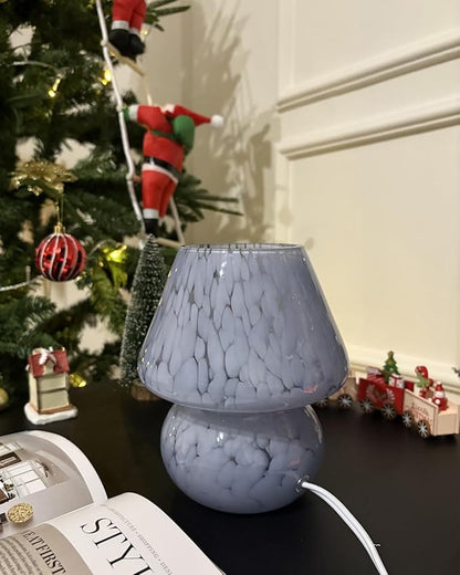 ONEWISH Mushroom Lamp Small Table Lamp-Nightstand Nightlight Dimmable Stepless, Translucent Glass Desk Lamp for Bedroom Dorm Living Kitchen, Murano Style Aesthetic Cute Home Decor(Blue)