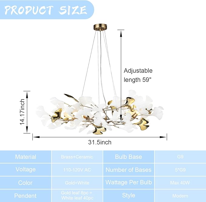 Gold Leaf Chandelier 31.5 Inch, Modern Brass Chandeliers Light,Ginkgo Chandelier for Living Room 5 Light Hanging Round Light Fixture 48 Leaves