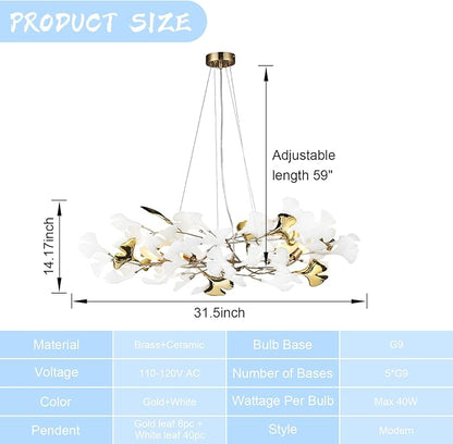Gold Leaf Chandelier 31.5 Inch, Modern Brass Chandeliers Light,Ginkgo Chandelier for Living Room 5 Light Hanging Round Light Fixture 48 Leaves