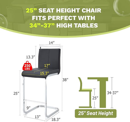 Bar Stools Set of 4,25" Counter Height Bar Stools with Footrest,Black Faux Leather Kitchen Stools with Chrome Plated Metal Leg,Counter Height Stools Ideal for Island Pub Kitchen Counter Dining Chair