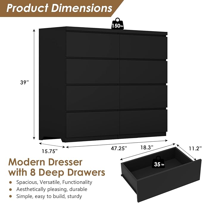 Dresser for Bedroom,Modern Large Wood Dresser,8 Chest of Drawers,Living Room,Hallway,Entryway,TV Stand Drawer Organizer(Black)
