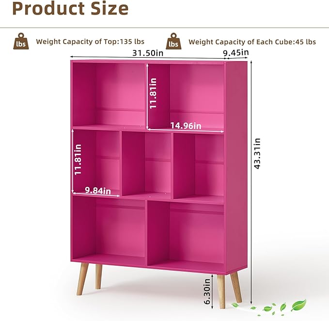 LEYAOYAO 7 Cube Bookshelf,3 Tier Book Shelf with Legs,Pink Modern Bookshelf,Large Freestanding Open Toy Modern Bookshelves,Display Bookcases Decor Furniture for Nursery