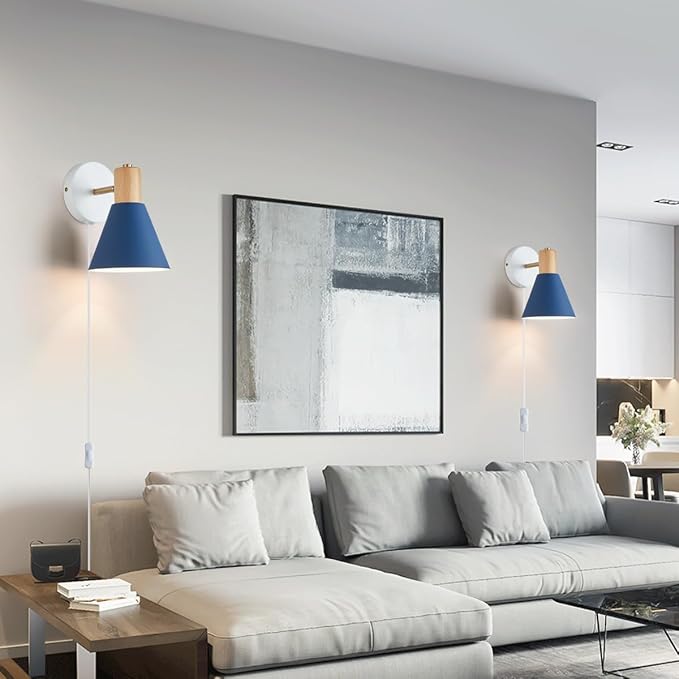 Plug in Wall Sconces Lighting Fixture Pack of 2, Wooden Adjustable Bedside Wall Lamp for Industrial Bedroom, Bathroom Sink Lighting (Plug-in Blue, 2)