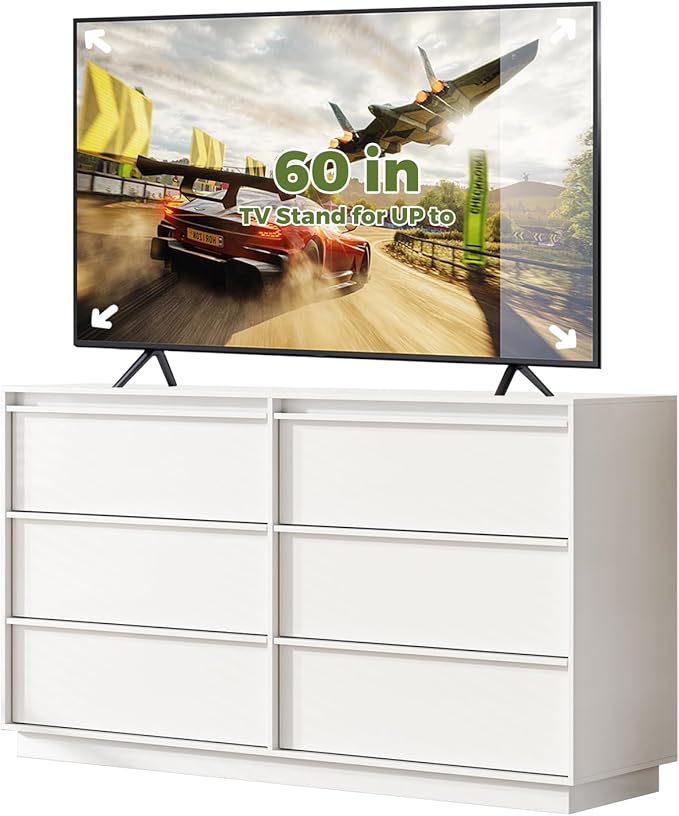 55.12" Modern Chest of Drawer, 6 Deep Drawers,Clothes Organizer,Large Storage Cabinet for Living Room, Bedroom,Dresser TV Stand, Wood Drawer Organizer for Living Room, Hallway,White