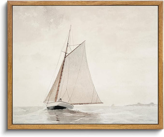 KBKBART Framed Wall Art Muted Sailboat Vintage Wall Decor, Antique Lake House Watercolor Canvas Art Prints Painting, Rustic Farmhouse Wall Art North Prints for Bedroom, Bathroom, Living Room, Gallery, Neutral Wall Decor(8"x10")