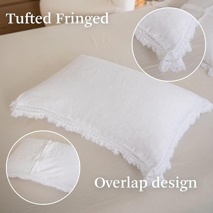 Simple&Opulence 100% Linen Boho Duvet Cover,3pcs Bohemian Textured Collection Bedding Set for All Seasons,French Country Comforter Cover Set with Pillow Shams(Full, Tassel-White)