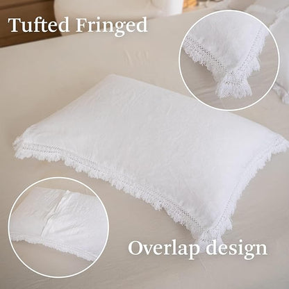 Simple&Opulence 100% Linen Boho Duvet Cover,3pcs Bohemian Textured Collection Bedding Set for All Seasons,French Country Comforter Cover Set with Pillow Shams(Full, Tassel-White)