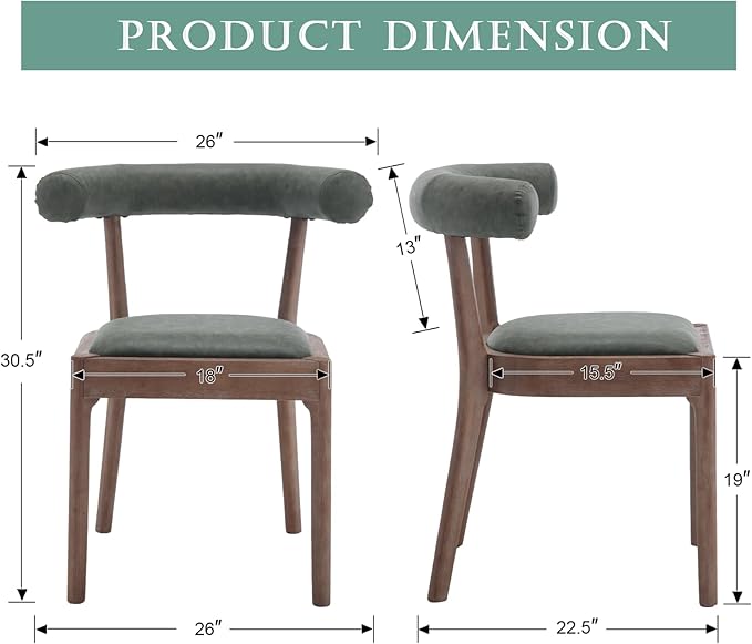 Wood Dining Chairs Set of 4, Mid Century Modern Living Room Chairs with Unique Curved Open Back Comfy Upholstered Side Chair for Kitchen/Restaurant/Reception, Faux Leather Green