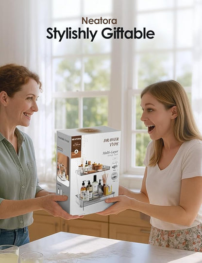 2 Tier Bathroom Countertop Organizer, Z-Shaped Vanity Organizer with Sliding Tray & Drawer, Skincare, Makeup & Perfume Storage Organizer, Acrylic office, Dresse & Desk Organizer