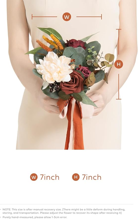 Ling's moment Artificial Flowers Terracotta Bridesmaid Bouquet, Fall Wedding Flowers Bouquets for Bridesmaids, 7 Inch Bridal Bouquets for Bridesmaids, Wedding Decor, Ceremony, Anniversary, etc
