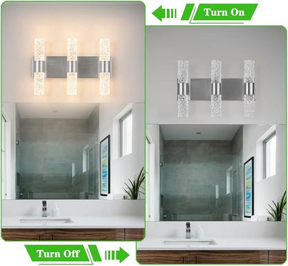 Modern Vanity Light, LED Vanity Light Fixture Brushed Nickel, Crystal Bathroom Lighting Fixtures over Mirror, Wall Lighting Fixtures for Bath, Wall Sconce for Bedroom Living Room, 27W 3000K Warm White