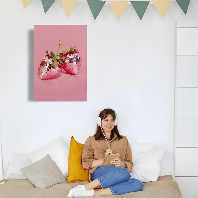 APJYM Funky Red Strawberry Wall Art, Trendy Retro Y2K Disco Ball Strawberry Canvas Wall Art, Aesthetic Posters for Girls Bedroom, Pink Room Decor Y2K, Preppy Room Decor, 16x24 Inches Framed