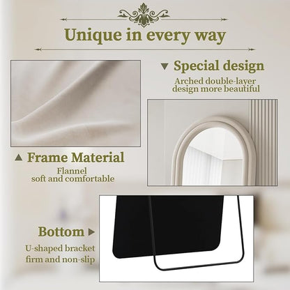 Koonmi 63"x24" Arched Mirror Full Length, Full Body Freely Standing Mirror, Flannel Floor Mirror with Stand for Bedroom, Living Room, Hanging or Against The Wall, White