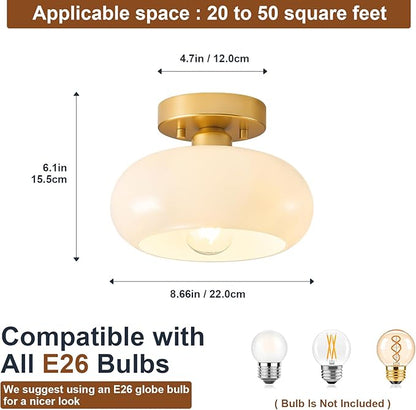 Mid-Century Modern Gold Semi Flush Mount Ceiling Light, Kitchen Ceiling Light Fixture with Glass Shade, Mini White Close to Ceiling Lamp for Entryway Hallway Bathroom (8.66 Inch)