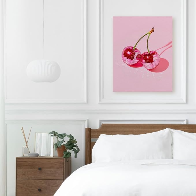 APJYM Trendy Hot Pink Disco Ball Cherry Wall Art, Preppy Room Decor, Y2K Room Decor, Funky Y2K Aesthetic Wall Art for Girls Bedroom Dorm Apartment, 11x14 Inches Frame