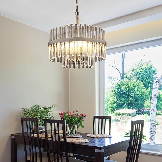 Q&S Modern Crystal Chandeliers for Dining Room,Round Glass Chandelier 4-Lights for Living Room Kitchen Island Entryway Foyer Stairway UL Listed