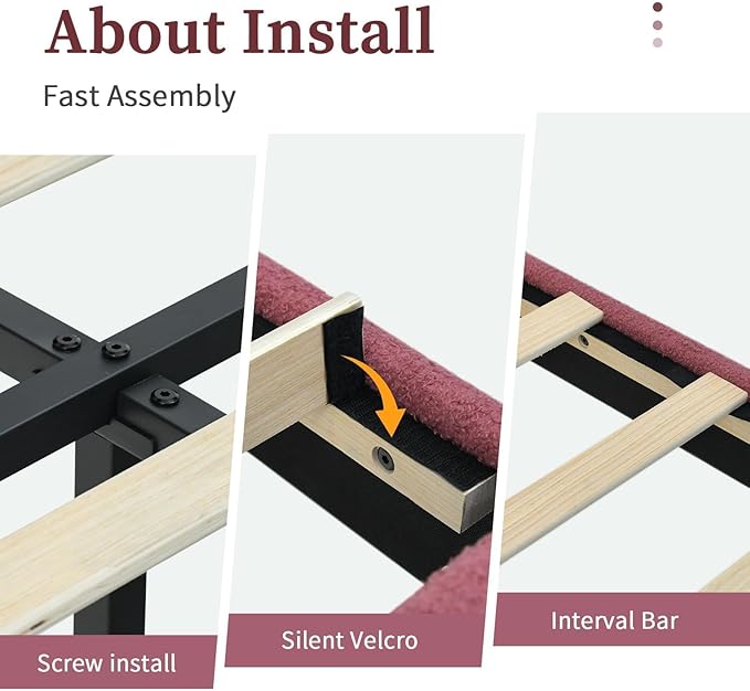 BarnFurin Queen Bed Frame with Upholstered Headboard, Platform Bed with Strong Wooden Slats Support, Two Bed Forms Design, No Boxing Spring Needed, Easy Assembly, Rose