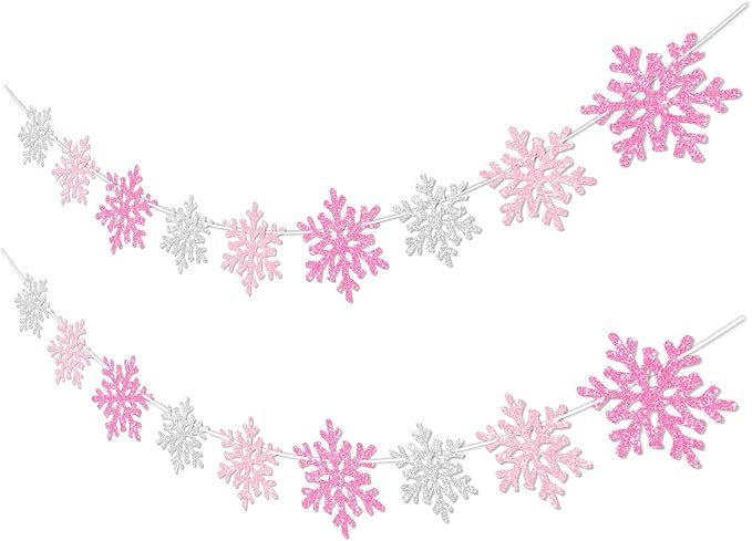 2Pack Pink Silver Snowflake Garland Winter Wonderland Decorations, Glitter Snowflake Banner for Girl Baby Shower Decorations, Birthday and Christmas Party Supplies, No DIY.