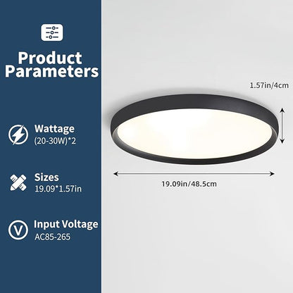 19inch Black LED Ceiling Light Fixture, Ultra-Thin Modern Flush Mount Ceiling Lamp, Dimmable 3000K-6000K, 40W, Minimalist Round Bedroom Light for Living Room, Dining Room, Hallway, Bathroom