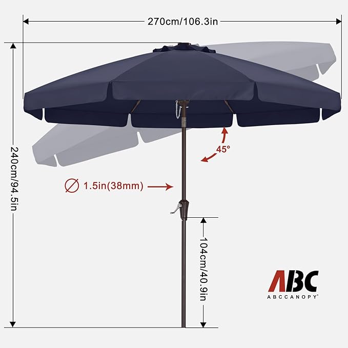 ABCCANOPY 9ft Scalloped Patio Umbrella, Outdoor Table Umbrella with Tilt and Crank, Fiberglass Ribs Deck Umbrella for Patio, Pool, Garden, Picnic (Navy Blue)