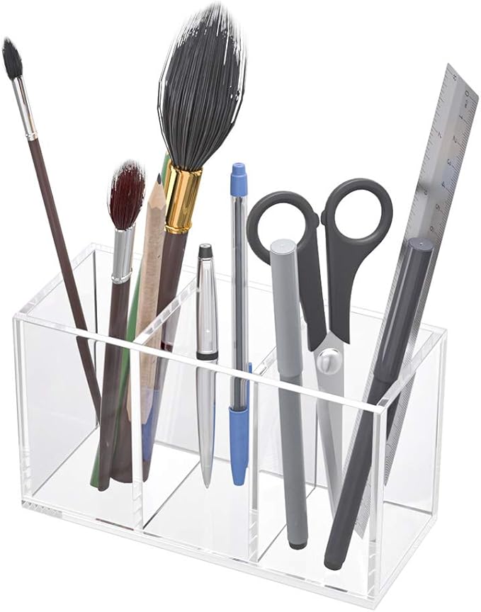 NIUBEE Acrylic Pen Holder 3 Compartments, Clear Pencil Organizer Cup for Countertop Desk Accessory Storage