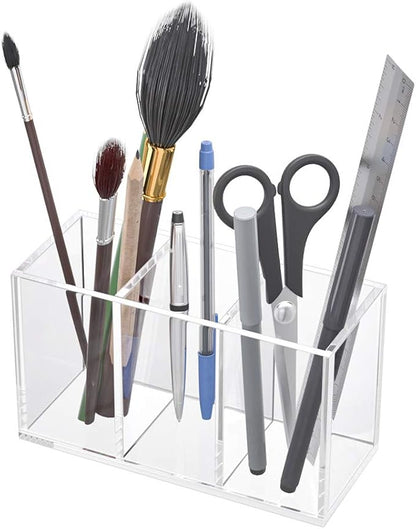 NIUBEE Acrylic Pen Holder 3 Compartments, Clear Pencil Organizer Cup for Countertop Desk Accessory Storage