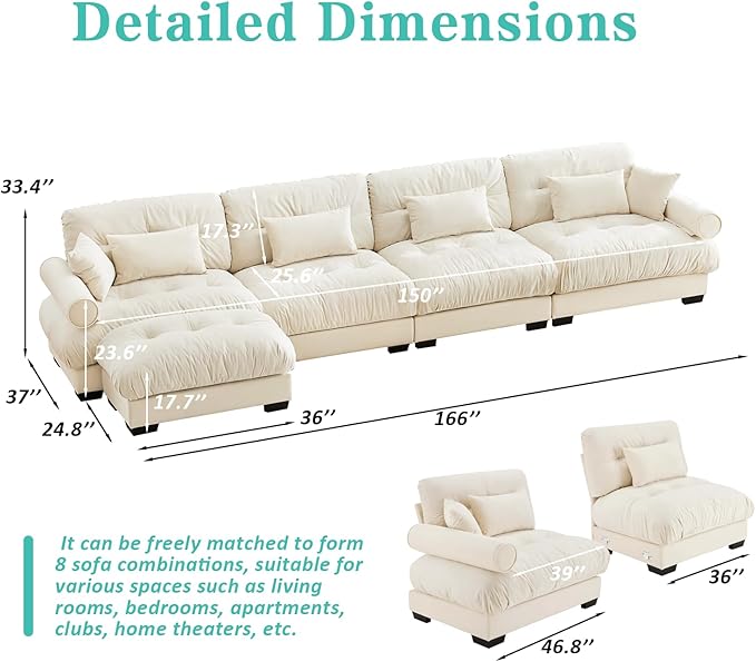 SoarFlash Velvet Sectional Sofa Ottoman, Beige