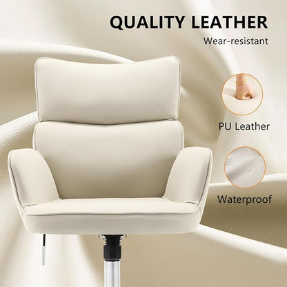 BV Adjustable Desk Chair with Wheels for Make Up, Faux Leather Rolling Armchair, 360° Swivel Comfy Task Chair for Home Office, Beige