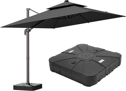 9x12FT Grey Cantilever Outdoor Patio Umbrella with Base, Large Rectangular Offset Design, Double Top Heavy Duty Aluminum Frame & 360° Rotation for Pool Garden Deck Backyard