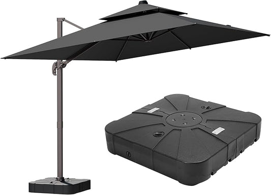 9x12FT Grey Cantilever Outdoor Patio Umbrella with Base, Large Rectangular Offset Design, Double Top Heavy Duty Aluminum Frame & 360° Rotation for Pool Garden Deck Backyard