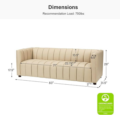 HULALA HOME 83" Genuine Leather Sofa with Channel Tufted Design, 3-Seater Sofa for Living Room Bedroom, Modern Oversized Couch with Wood Legs, Beige