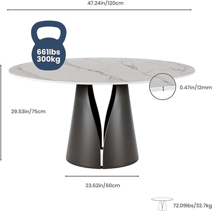 POVISON Round Dining Table for 4, Modern Dining Table 51'', Glossy White Sintered Stone Dining Tabletop with Solid Black Carbon Steel Base, Circle Kitchen Table for Dining Room (Table Only)