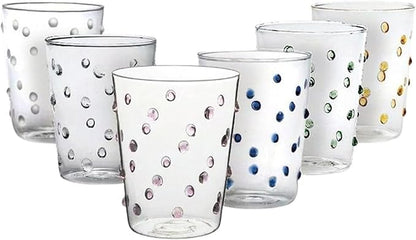 Gusto Buono 13.5oz Water Glasses, Set of 6 - Vibrant Multicolored Assorted Dots Design | Handcrafted, Heat-Resistant, Dishwasher & Microwave Safe | Stylish Glassware for Home, Parties & Gifts
