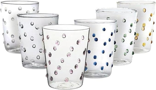 Gusto Buono 13.5oz Water Glasses, Set of 6 - Vibrant Multicolored Assorted Dots Design | Handcrafted, Heat-Resistant, Dishwasher & Microwave Safe | Stylish Glassware for Home, Parties & Gifts