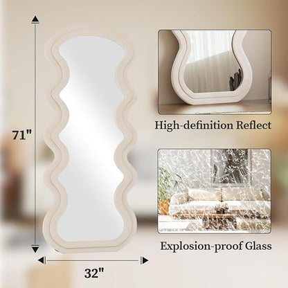 Koonmi 71"x32" Irregular Mirror Full Length, Large Full Body Freely Standing Mirror, Flannel Wave Floor Mirror with Stand for Bedroom, Living Room, Hanging or Against The Wall, White
