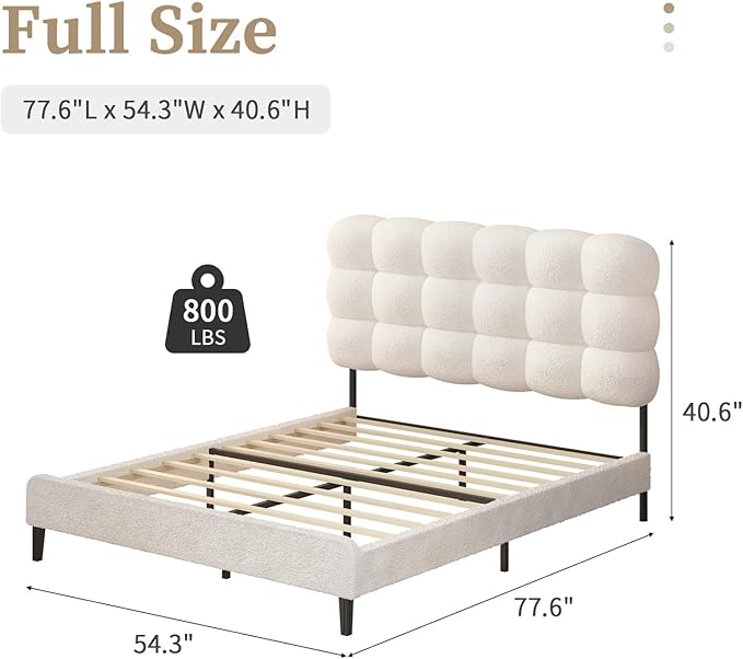 BarnFurin Full Size Bed Frame with Upholstered Headboard, Teddy Soft Boucle Fabric, Platform Bed with Strong Wooden Slats Support, Two Bed Forms Design, No Boxing Spring Needed, Easy Assembly, White