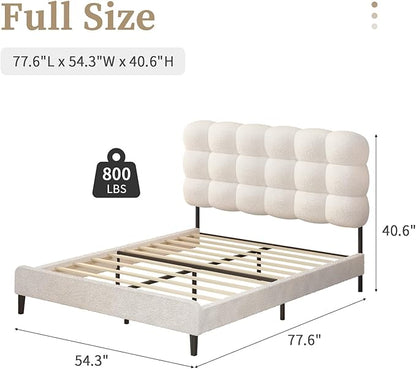 BarnFurin Full Size Bed Frame with Upholstered Headboard, Teddy Soft Boucle Fabric, Platform Bed with Strong Wooden Slats Support, Two Bed Forms Design, No Boxing Spring Needed, Easy Assembly, White