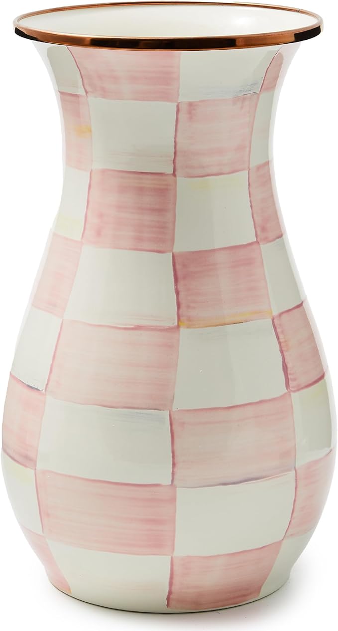 MACKENZIE-CHILDS Tall Enamel Vase, Unique Flower Vase, Bouquet Vase Decor for Living Room, Pink-and-White Rosy Check