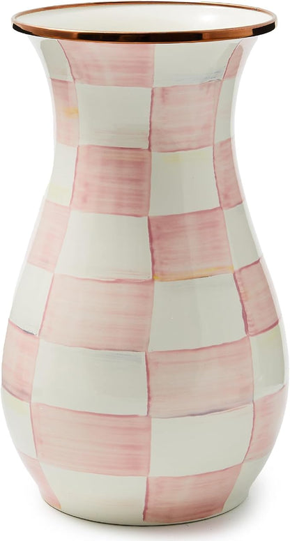 MACKENZIE-CHILDS Tall Enamel Vase, Unique Flower Vase, Bouquet Vase Decor for Living Room, Pink-and-White Rosy Check