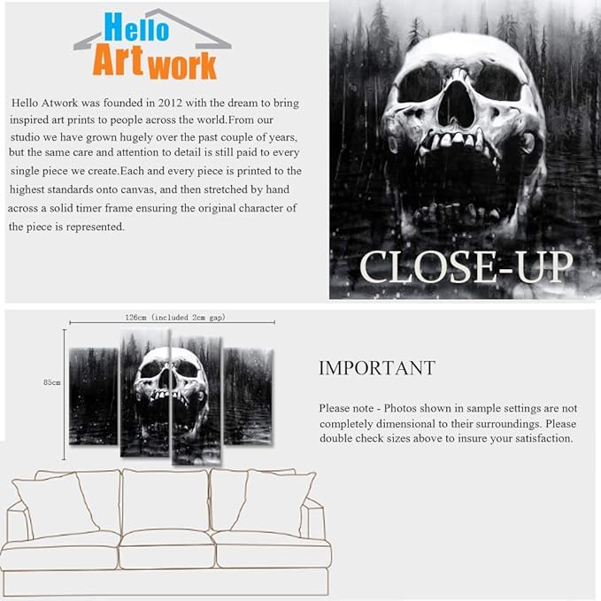 iHAPPYWALL Halloween Day of Dead Skull in Dark Foggy Lake Abstract Black and White Contemporary Picture Print 4 Panel Large Canavs for Modern Home Decoration Ready to Hang